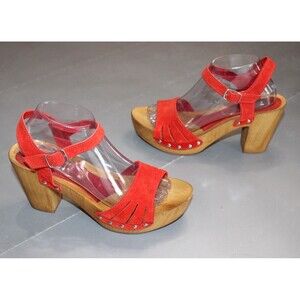 Charles David Red Suede Platform Chunky Clog Sandals EU 41 US 10 Wood Heel Italy
